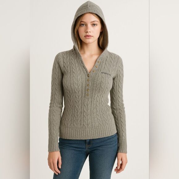 Vtg Aeropostale Gray Cable Knit Henley Hoodie Sweater Y2K Retro L Flaws Elana Gi - Picture 1 of 8